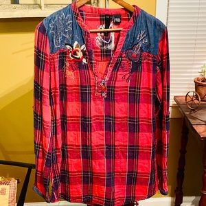 Desigual Plaid Embroidered Blouse Size Large